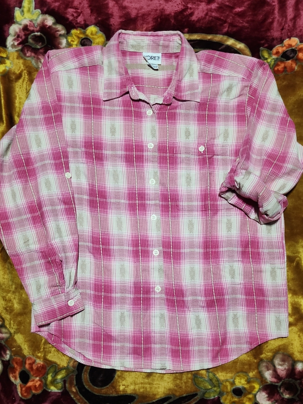 Koret Pink and Tan Flannel Button-Down Shirt